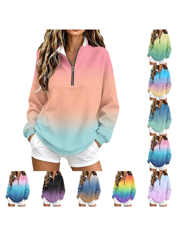 Women's Quarter Zip Fleece Gradient Pullover Sweatshirts Oversized Y2k Fashion Fall Long Sleeve Tops Purple Pink S