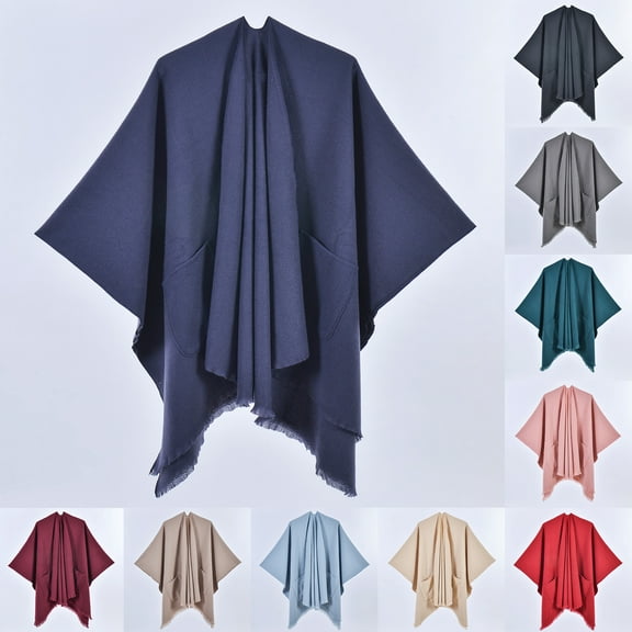 Dwellite Women's Shawl Wrap Poncho Ruana Cape Cardigan Sweater Open Front for Travel Flight Cruises Dark Blue