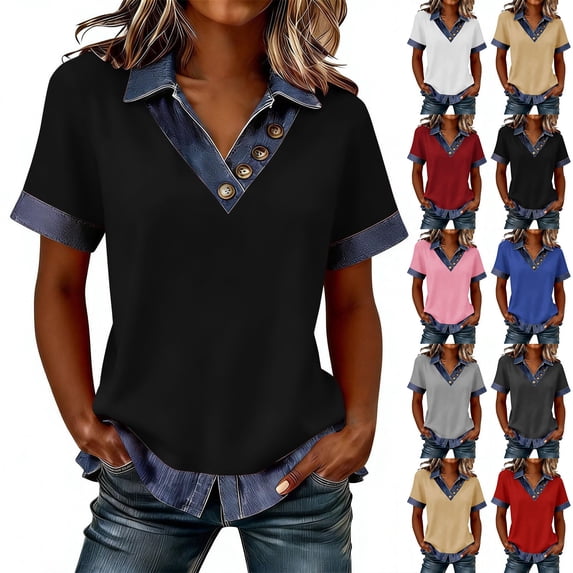 Dwellite Women's Short Sleeve Shirt with Denim Collar Cuffs Buttons Decor V-Neck Tops Dressy Casual Office Blouses Dark Gray 2XL