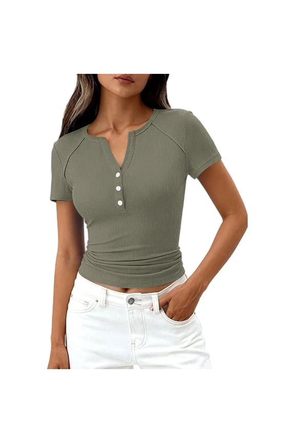 Women's Short Sleeve Tops Ribbed Henley Button Up Shirt Slim Fitted Basic Casual Blouse Spring 2026 Army Green 2XL