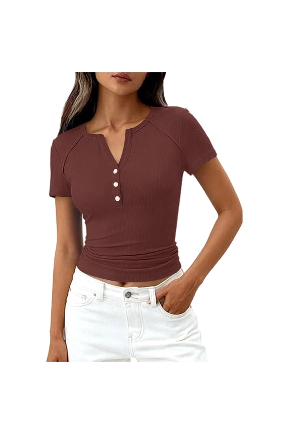 Women's Short Sleeve Tops Ribbed Henley Button Up Shirt Slim Fitted Basic Casual Blouse Spring 2026 Brown M