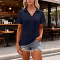 thumbnail image 1 of Dwellite Women's Short Sleeve V-Neck Polo Shirts Summer Collared Tops Casual Loose Solid Color Tees Tops with Pockets Navy S, 1 of 4