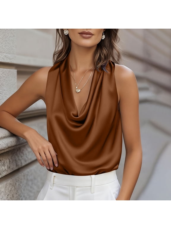 Women's Silk Satin Tank Tops Cowl Neck Casual Camisoles Sleeveless Business Work Blouses Dressy Summer Shirts Coffee 2XL