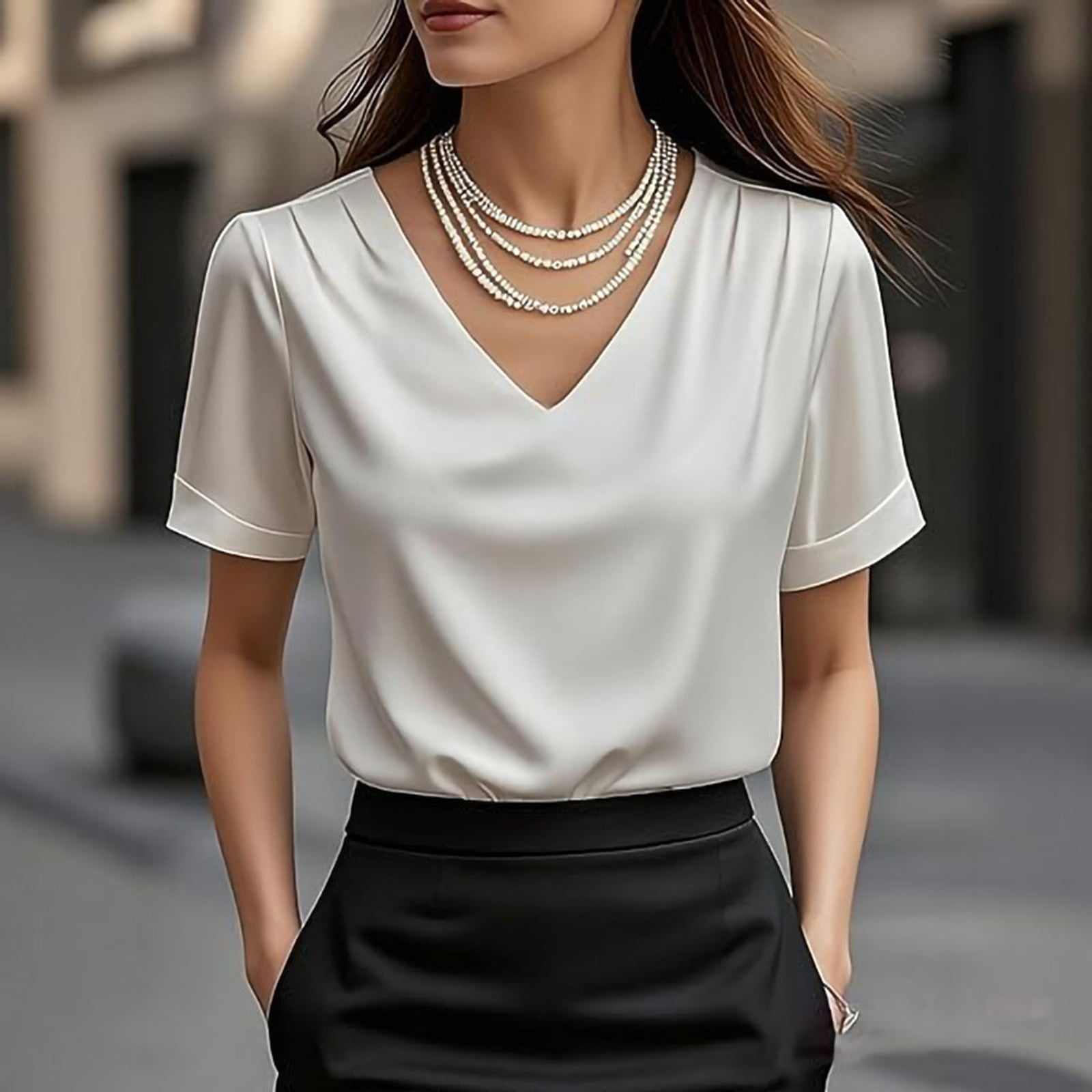 Dwellite Women's Silk Satin Tops Short Sleeve V Neck Shirts Dressy ...
