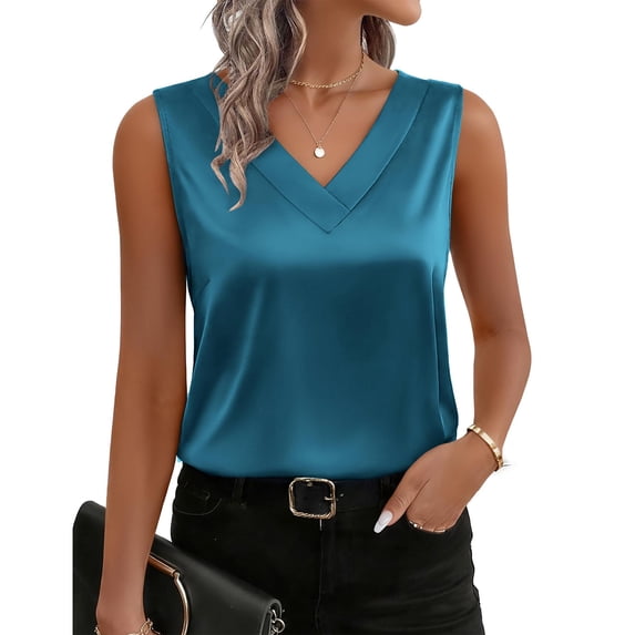 Dwellite Women's Silk Stain V Neck Tank Tops Sleeveless Solid Color Blouses Spring Business Work Shirts Blue L