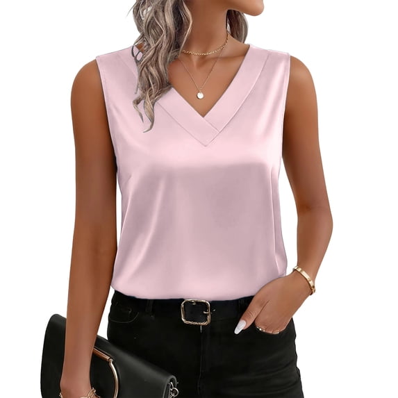 Dwellite Women's Silk Stain V Neck Tank Tops Sleeveless Solid Color Blouses Spring Business Work Shirts Pink S