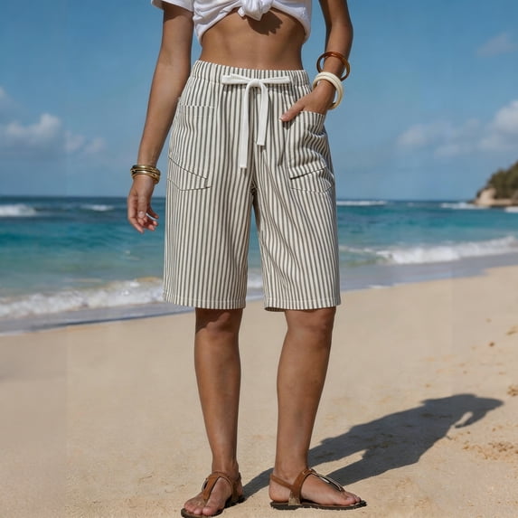 Dwellite Women's Striped Bermuda Shorts Casual Drawstring Elastic Waist Summer Vacation Beach Shorts with Pockets Gray M