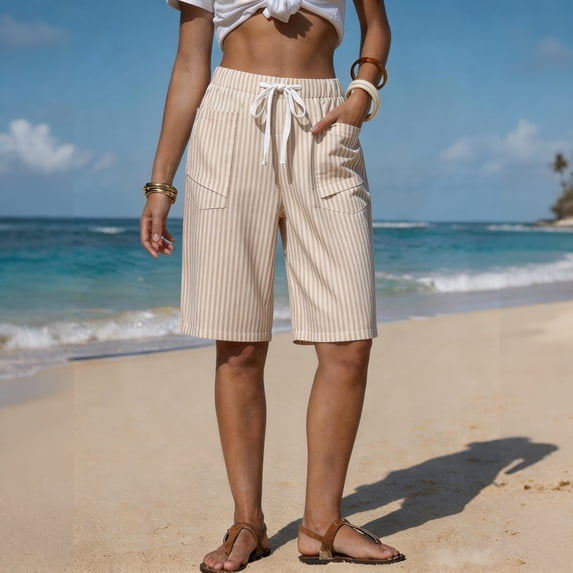 Dwellite Women's Striped Bermuda Shorts Casual Drawstring Elastic Waist Summer Vacation Beach Shorts with Pockets Khaki L