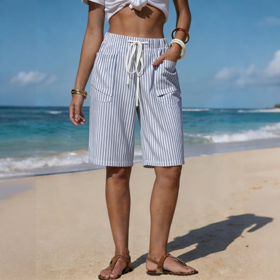 Dwellite Women's Striped Bermuda Shorts Casual Drawstring Elastic Waist Summer Vacation Beach Shorts with Pockets Sky Blue L