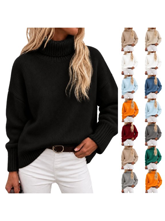 Women's Turtleneck Sweater Long Sleeve Fall Winter Top Soft Faux Wool Pullover Sweaters Black -AC03 XL
