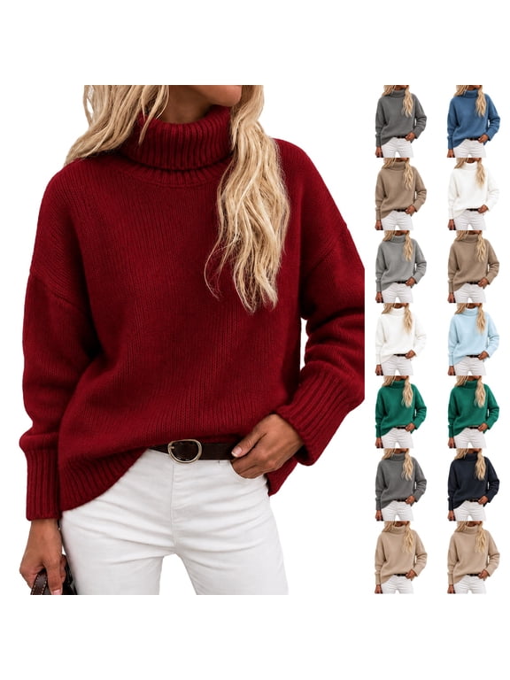 Women's Turtleneck Sweater Long Sleeve Fall Winter Top Soft Faux Wool Pullover Sweaters Red -AC03 M