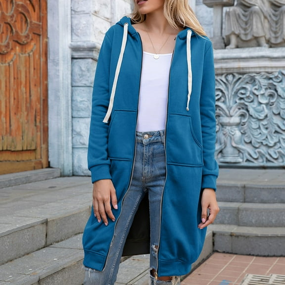 Dwellite Women's Zip Up Hoodies Oversized Fleece Long Tunic Sweatshirts Casual Fall Jacket Coat with Pockets Blue 2XL