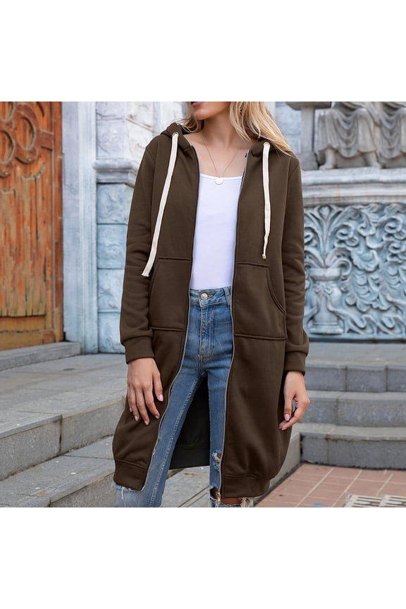 Women's Zip Up Hoodies Oversized Fleece Long Tunic Sweatshirts Casual Fall Jacket Coat with Pockets Coffee XL