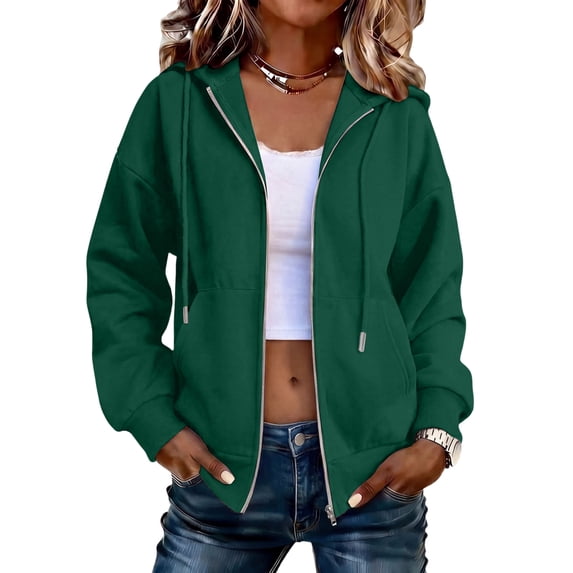 Dwellite Women's Zip Up Hoodies Oversized Long Sleeve Sweatshirts Casual Fall Coat with Pocket 2026 Green L