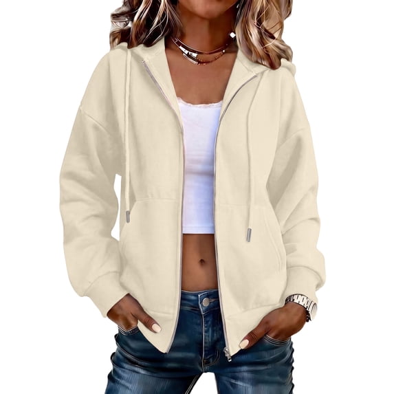 Dwellite Women's Zip Up Hoodies Oversized Long Sleeve Sweatshirts Casual Fall Coat with Pocket 2026 Khaki L