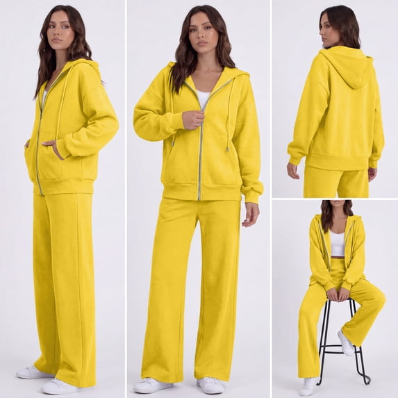Dwellite Womens 2 Piece Cropped Sweat Sets Lounge Fall Sweatsuits Zip Up Oversized Hoodie Wide Leg Sweatpants Winter Travel Outfits Yellow 2XL