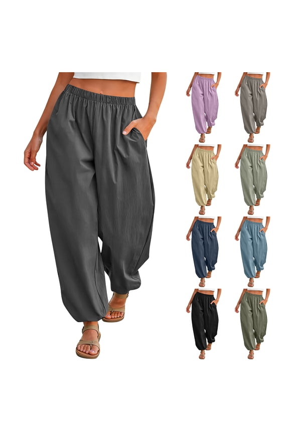 Womens Balloon Pants Trendy Casual Elastic Waist Wide Leg Harem Pants Baggy Pleated Lantern Trouser Navy L