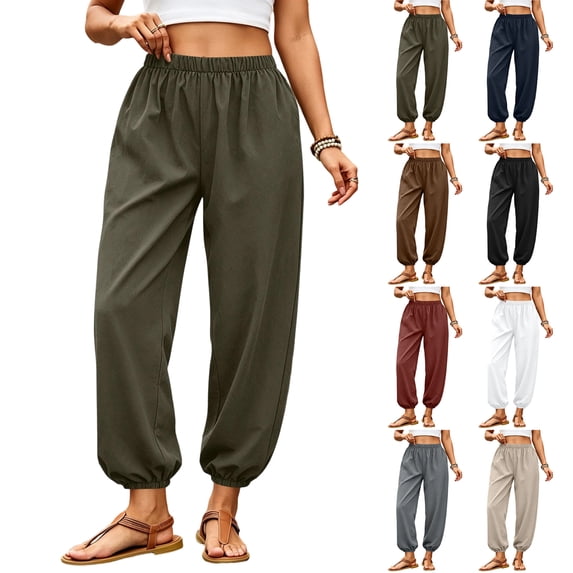 Dwellite Womens Balloon Pants Trendy Casual Elastic Waist Wide Leg Harem Pants Baggy Pleated Lantern Trousers Army Green S