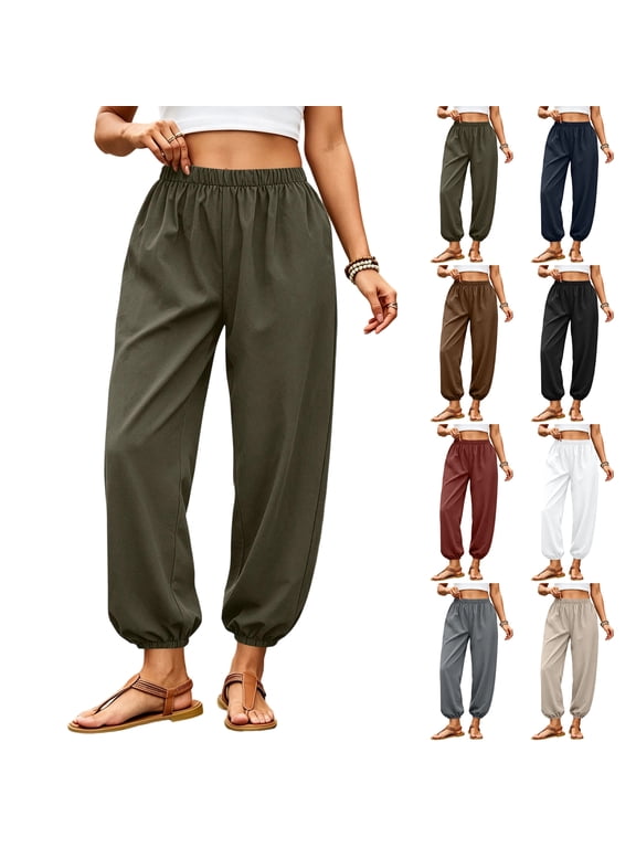 Womens Balloon Pants Trendy Casual Elastic Waist Wide Leg Harem Pants Baggy Pleated Lantern Trousers Dark Blue L