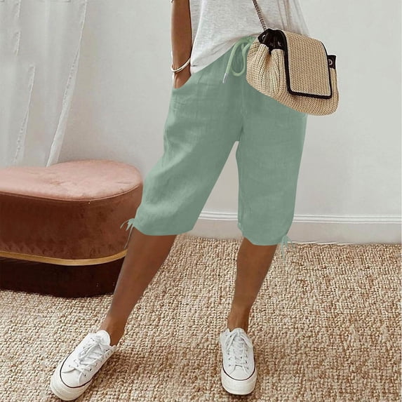 Dwellite Womens Bermuda Shorts Knee Length Elastic Waist Drawstring Linen Lightweight Summer Long Shorts with Pockets Mint Green M