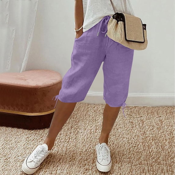 Dwellite Womens Bermuda Shorts Knee Length Elastic Waist Drawstring Linen Lightweight Summer Long Shorts with Pockets Purple L