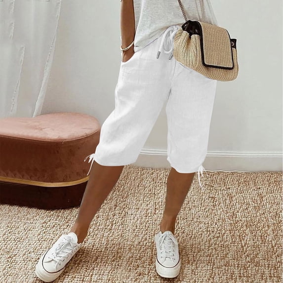 Dwellite Womens Bermuda Shorts Knee Length Elastic Waist Drawstring Linen Lightweight Summer Long Shorts with Pockets White XL