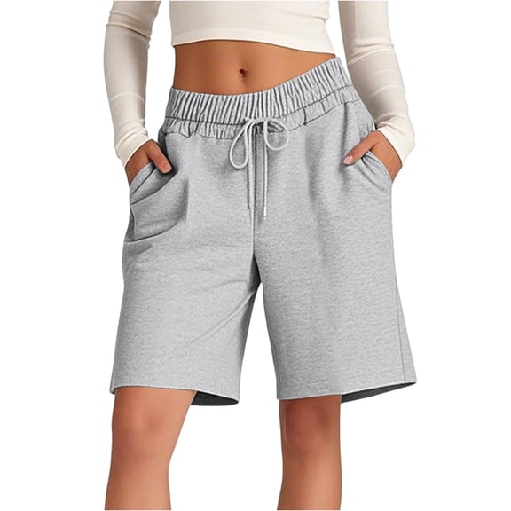 Dwellite Womens Bermuda Shorts Lounge Athletic Shorts Loose Running Shorts Casual Long Yoga Shorts with Pockets Light Gray L