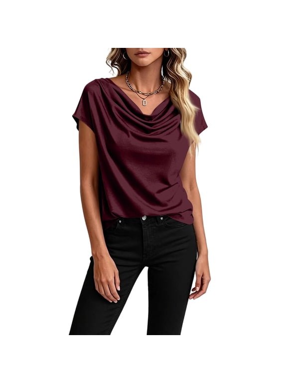 Womens Business Casual Dressy Cowl Neck Tops 2026 Summer Short Sleeve Shirts Work Office Tees Spring Blouses Wine M
