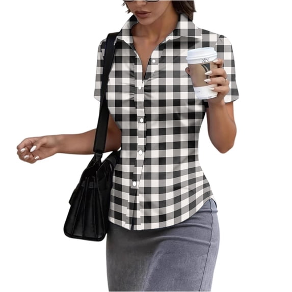 Dwellite Womens Button Up Short Sleeve Crop Top Ruched Fitted Collared Shirt Plaid Going Out Tops Gray L