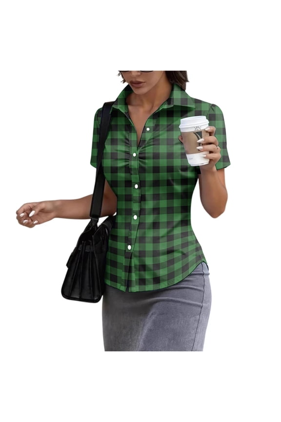 Womens Button Up Short Sleeve Crop Top Ruched Fitted Collared Shirt Plaid Going Out Tops Green S