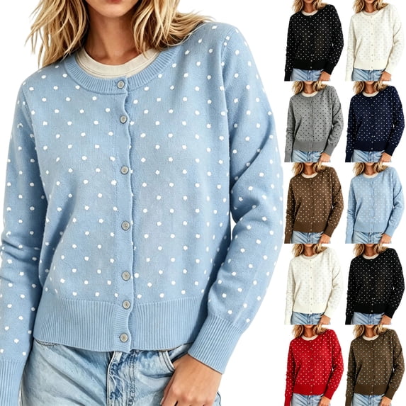 Dwellite Womens Cardigan Cropped Button Up Sweater Loose Fit Long Sleeve Polka Dot Comfy Crew Neck Fall Winter Knit Cardigan Jackets 2026 Sky Blue M