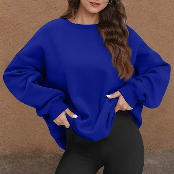 Dwellite Womens Casual Long Sleeve Sweatshirt Oversized Crew Neck Cute Hoodies Pullover Loose Fit Tops with Pocket Blue S