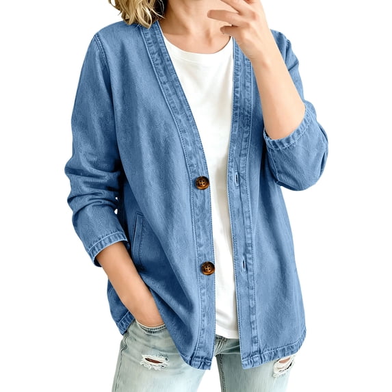 Dwellite Womens Classic Button Front Breathable Stretch Denim Jacket Relaxed Fit Lightweight Casual Long Sleeve Cardigan Coat Blue XL