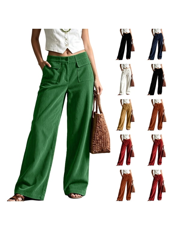 Womens Corduroy Pants Straight Wide Leg Pant Casual Fall Trousers with Pocket for Spring Fall Winter Green L