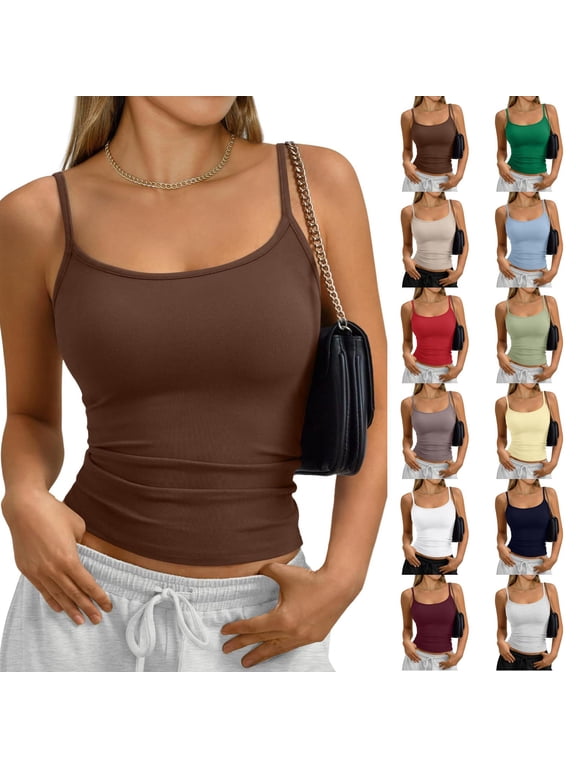 Womens Cotton Crew Neck Tank Top Adjustable Spaghetti Strap Camisole Basic Summer Fitted Backless Shirts 2026 Brown XS