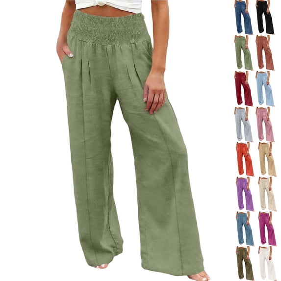 Dwellite Womens Cotton Linen Pants Casual Wide Leg High Waist Long Palazzo Trousers with Pocket Army Green S