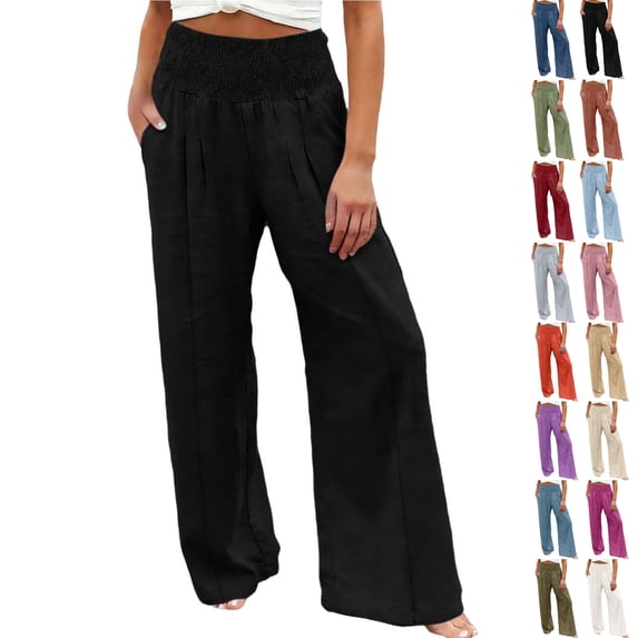 Dwellite Womens Cotton Linen Pants Casual Wide Leg High Waist Long Palazzo Trousers with Pocket Black 2XL