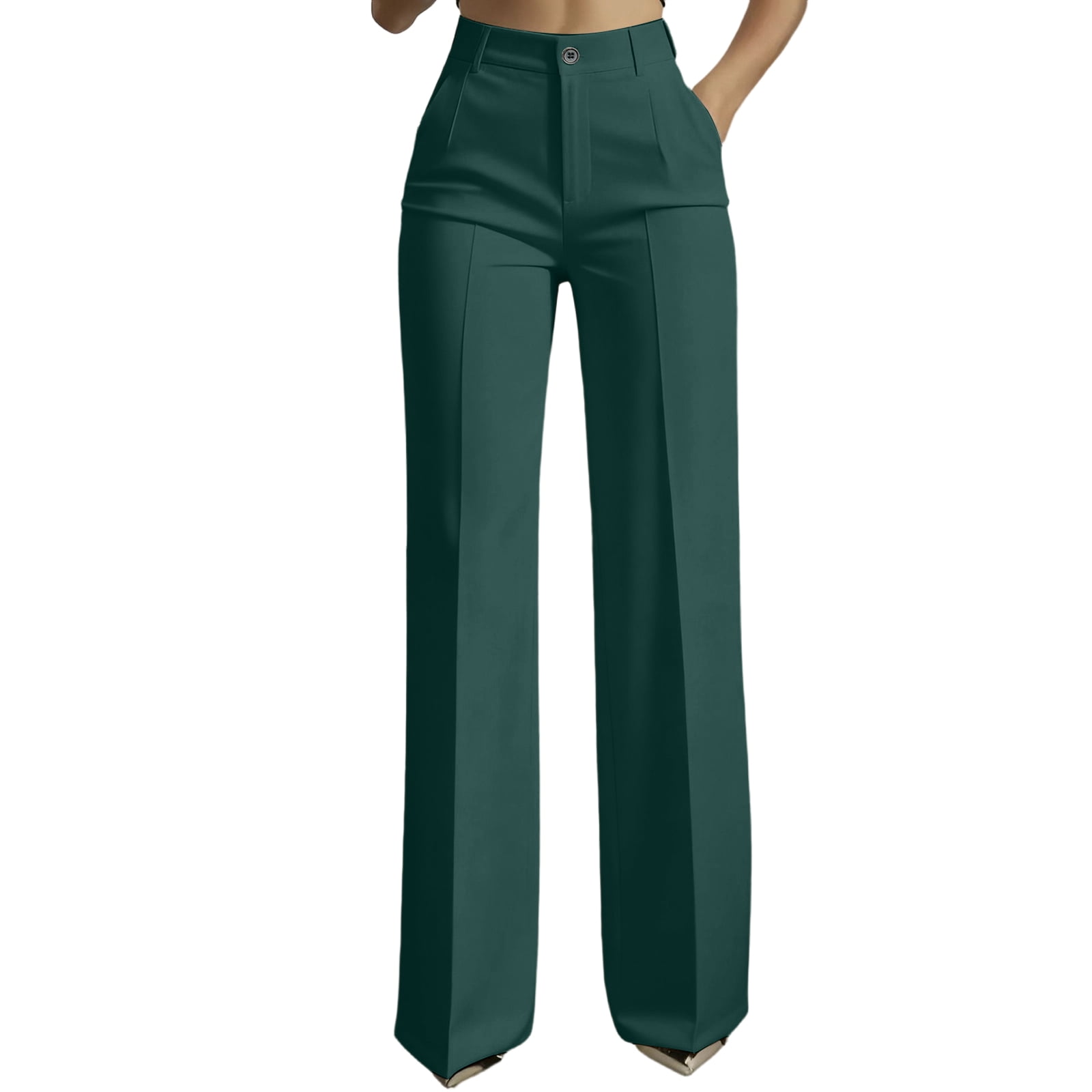 forest green dress pants women Dwellite Womens Business Casual Wide Leg Office Work Slacks Stretchy Straight High Waisted Trousers Dark L, Women's, Size: Large emerald green pants outfit