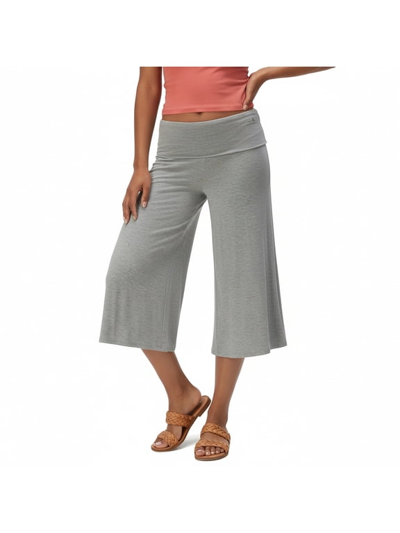 Womens Fold Over Capri Pants Flowy Low Rise Wide Leg Pants Yoga Capris Comfy Palazzo Culotte Lounge Bottoms Gray M