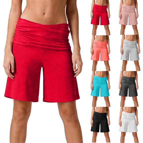 Dwellite Womens Fold Over Shorts Flowy Low Rise Wide Leg Pants Yoga Capris Comfy Palazzo Lounge Bottoms Red 2XL