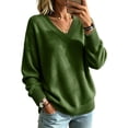 thumbnail image 1 of Dwellite Womens Knit V Neck Sweater Long Sleeve Fall Tops Lightweight Basic Pullover Tops Army Green M, 1 of 6