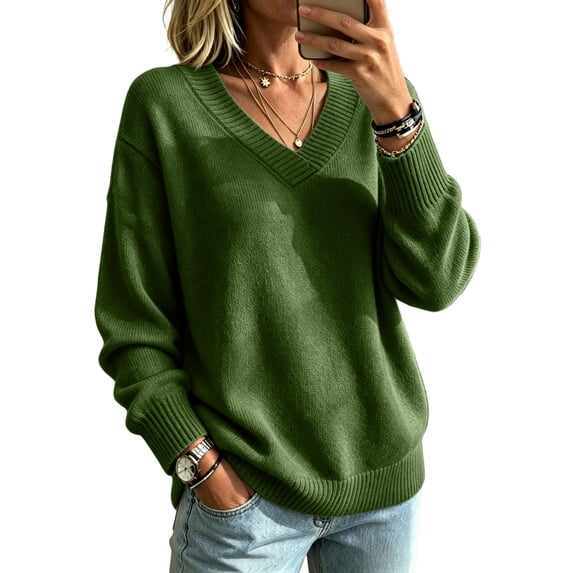 Dwellite Womens Knit V Neck Sweater Long Sleeve Fall Tops Lightweight Basic Pullover Tops Army Green M