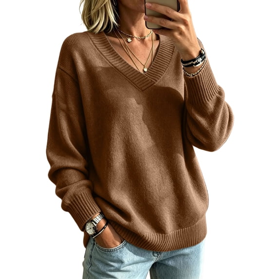 Dwellite Womens Knit V Neck Sweater Long Sleeve Fall Tops Lightweight Basic Pullover Tops Coffee M