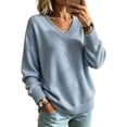 thumbnail image 1 of Dwellite Womens Knit V Neck Sweater Long Sleeve Fall Tops Lightweight Basic Pullover Tops Light Blue M, 1 of 6