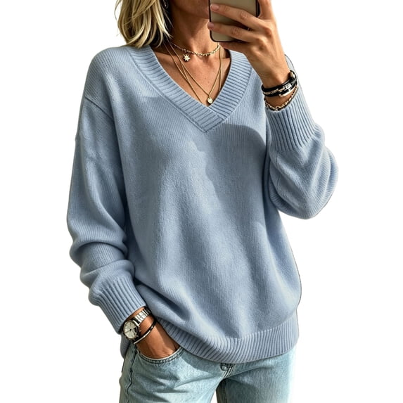 Dwellite Womens Knit V Neck Sweater Long Sleeve Fall Tops Lightweight Basic Pullover Tops Light Blue M