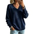 thumbnail image 1 of Dwellite Womens Knit V Neck Sweater Long Sleeve Fall Tops Lightweight Basic Pullover Tops Navy XL, 1 of 6