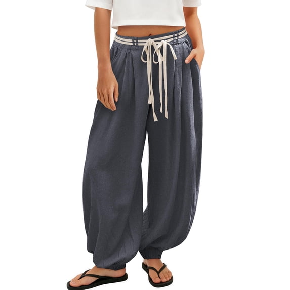 Dwellite Womens Linen Balloon Pants Lightweight Drawstring Baggy Pants with Pockets Summer Beach Trousers 2026 Gray L