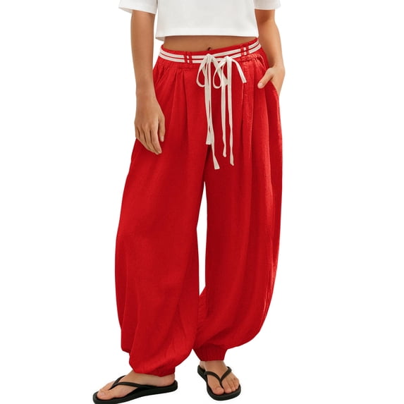 Dwellite Womens Linen Balloon Pants Lightweight Drawstring Baggy Pants with Pockets Summer Beach Trousers 2026 Red M