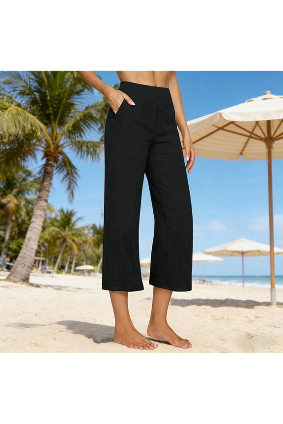 Womens Linen Capri Pants Petite 2026 Summer Lightweight High Waist Straight Leg Solid Beach Lounge Pants Black L