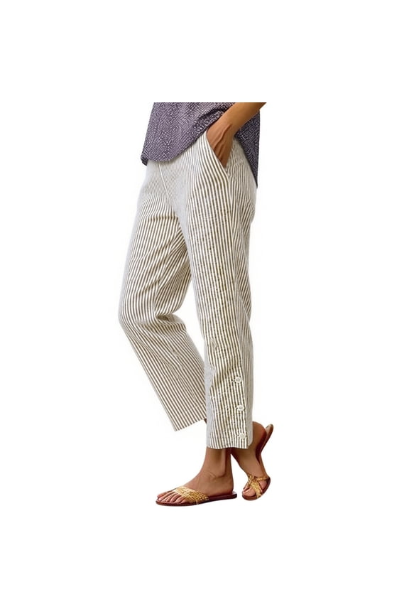 Womens Linen Pant Elastic Waist Straight Leg Petite Beach Pant Summer Lightweight Casual Lounge Trousers Khaki M